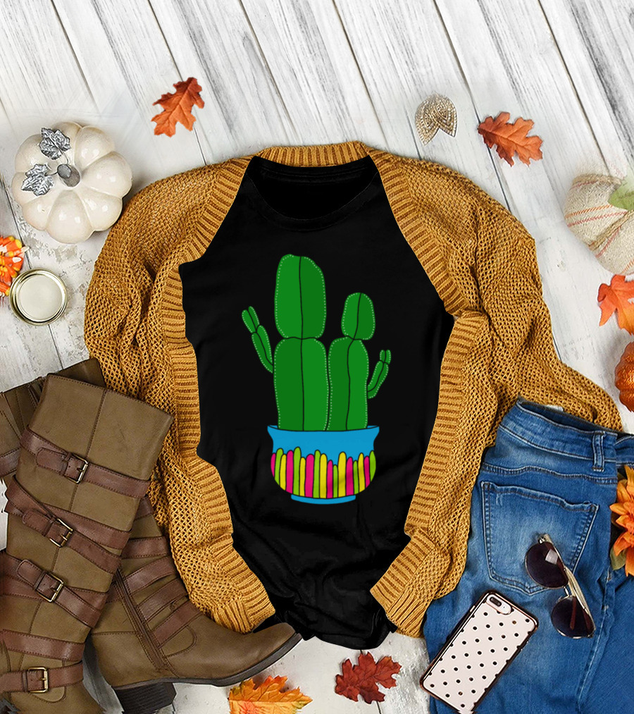 Funkyshaped Cacti in Bright Blue Pot with Vibrant Colors T-Shirt
