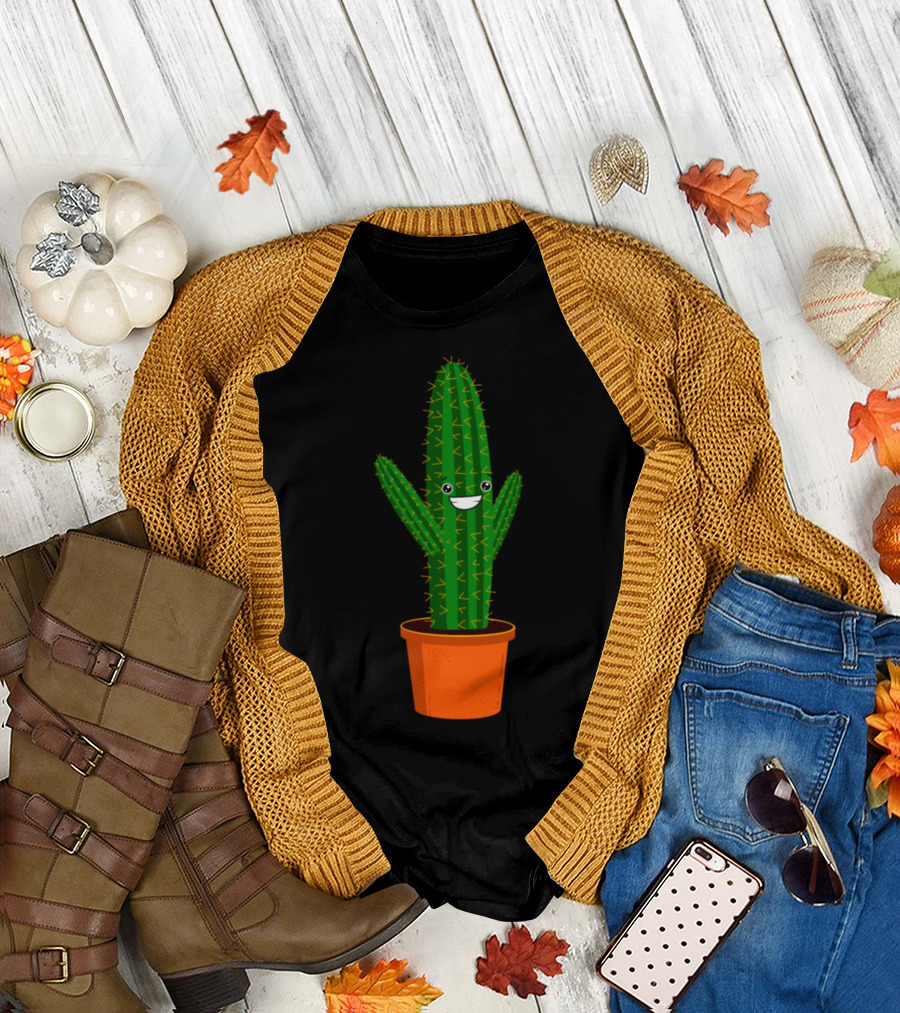 Funny Smiling Cartoon Cactus in Orange Pot T-Shirt