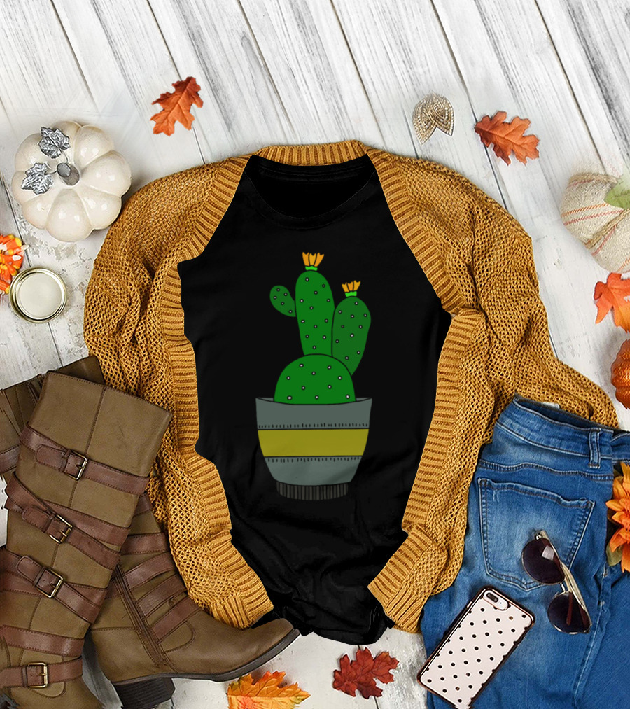 Green Cactus With White Dots in Striped Pot with Yellow Blooms T-Shirt