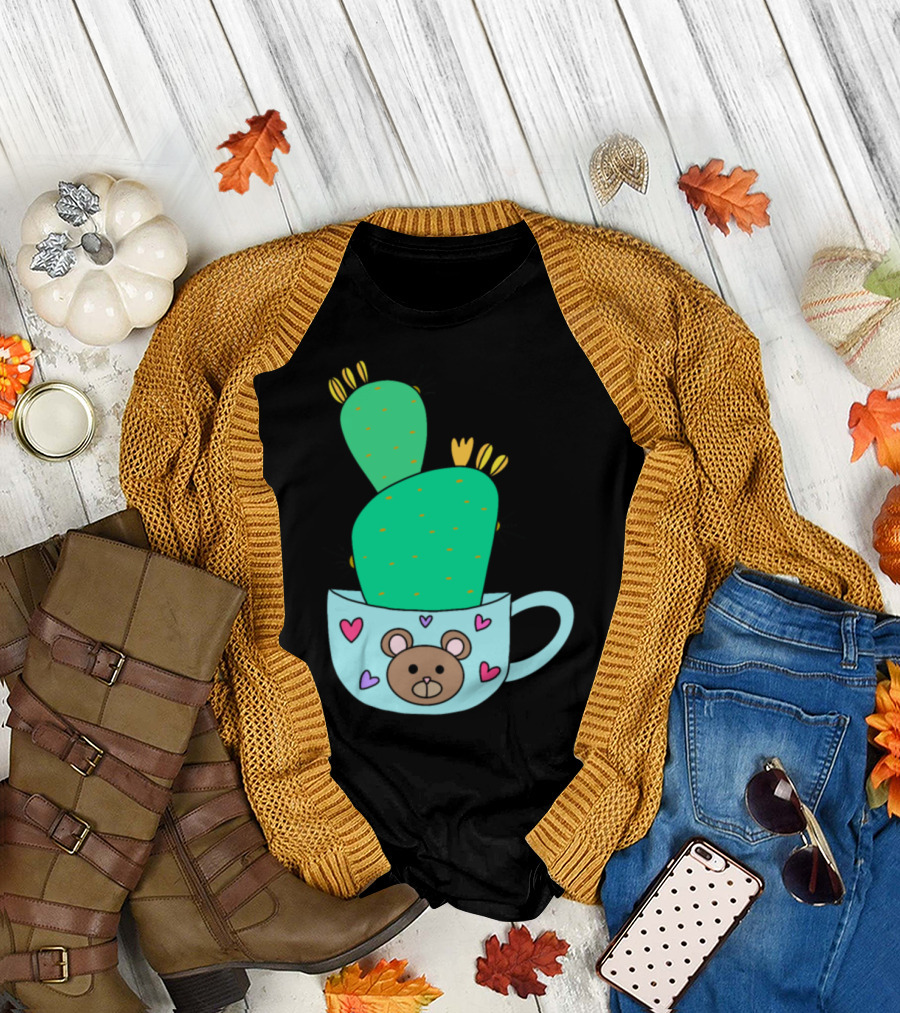 Green Cactus with Yellow Flowers in Cute Bear Mug with Hearts T-Shirt