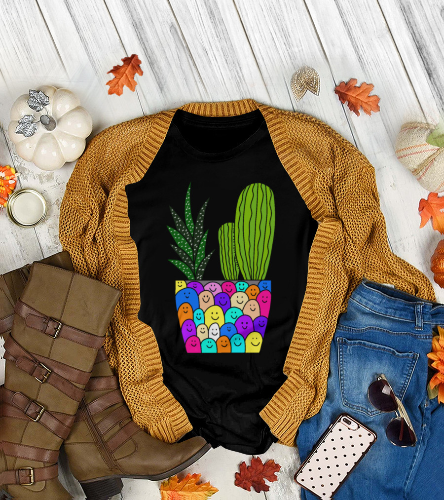 Happy Smiling Faces Succulent Cactus Pot T-Shirt