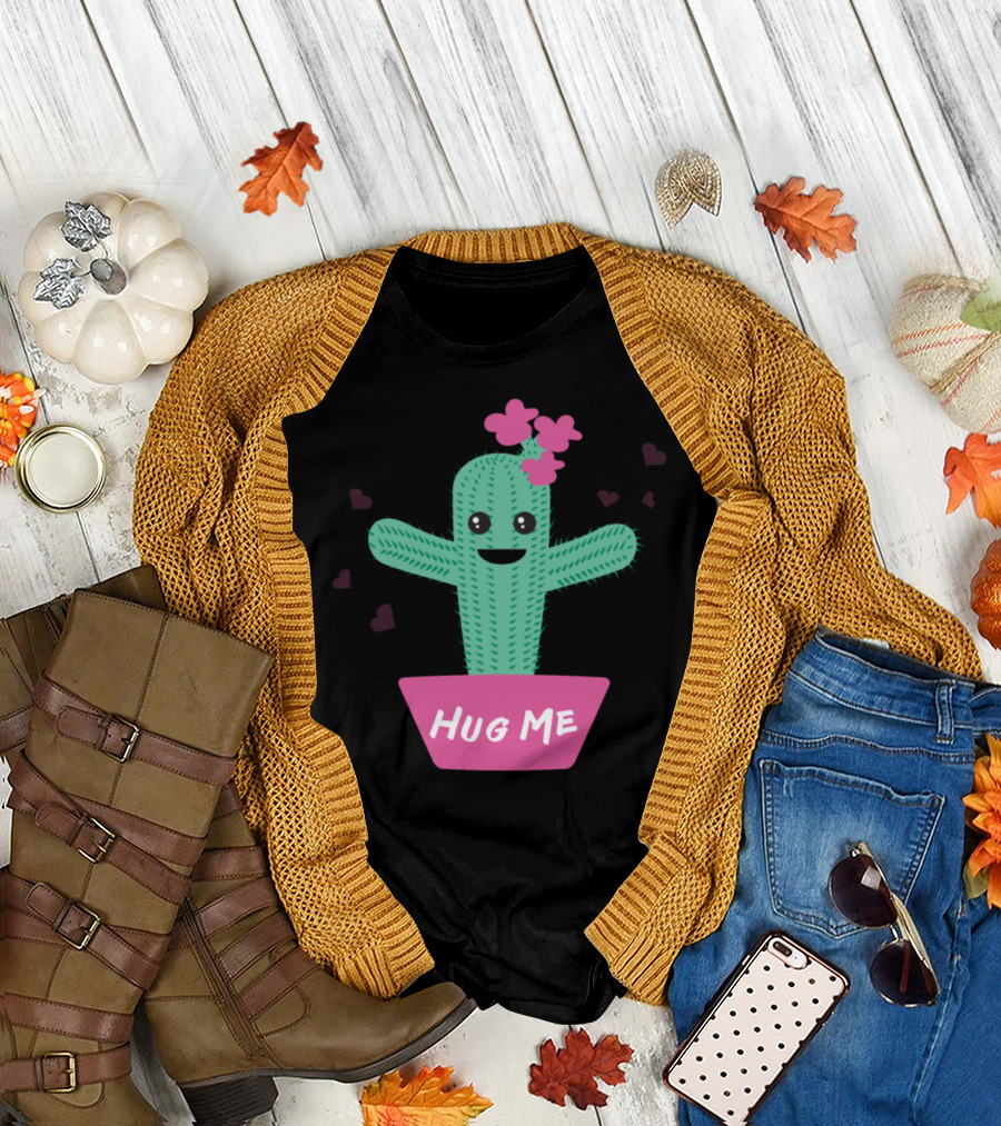 Hug Me Cactus Kawaii Cute Plant with Smiley Face T-Shirt