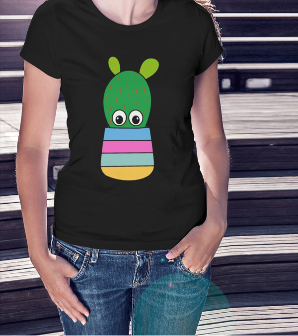 Hybrid Cactus Big Eyes In Striped Colorful Pot T-Shirt