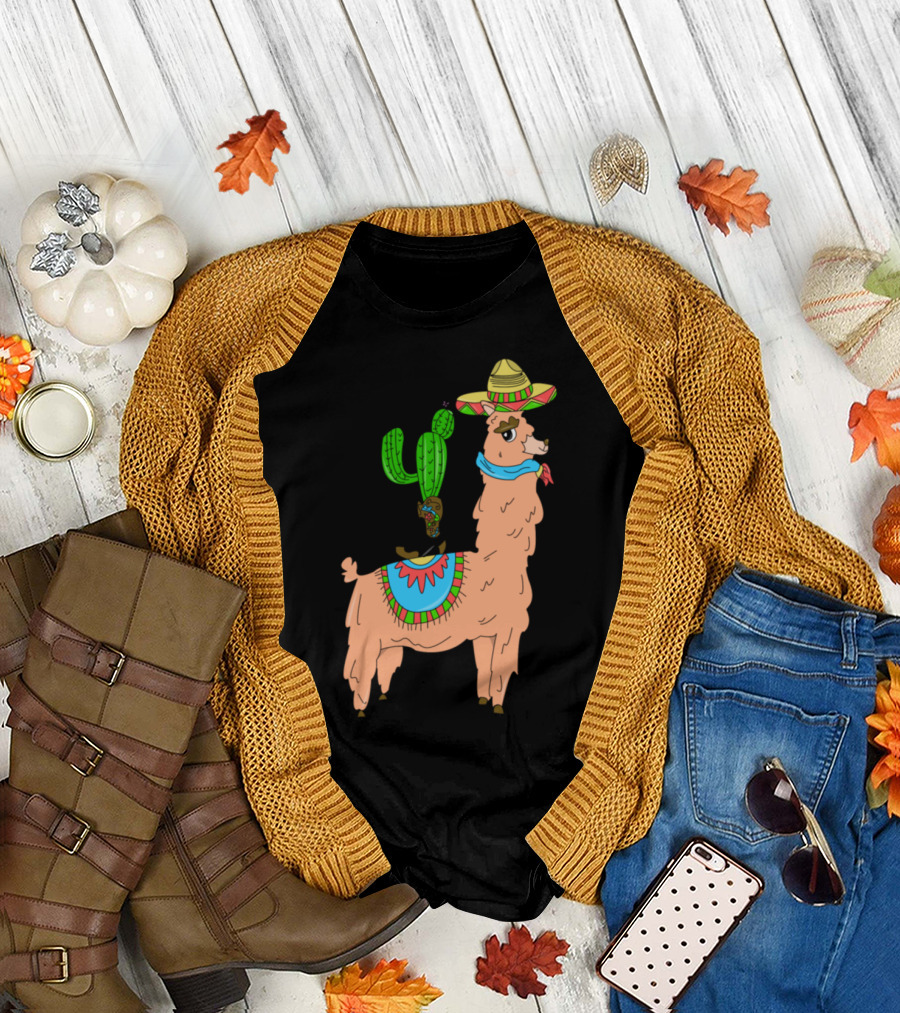 Llama Alpaca Mama with Sombrero and Cactus Boot Drama T-Shirt