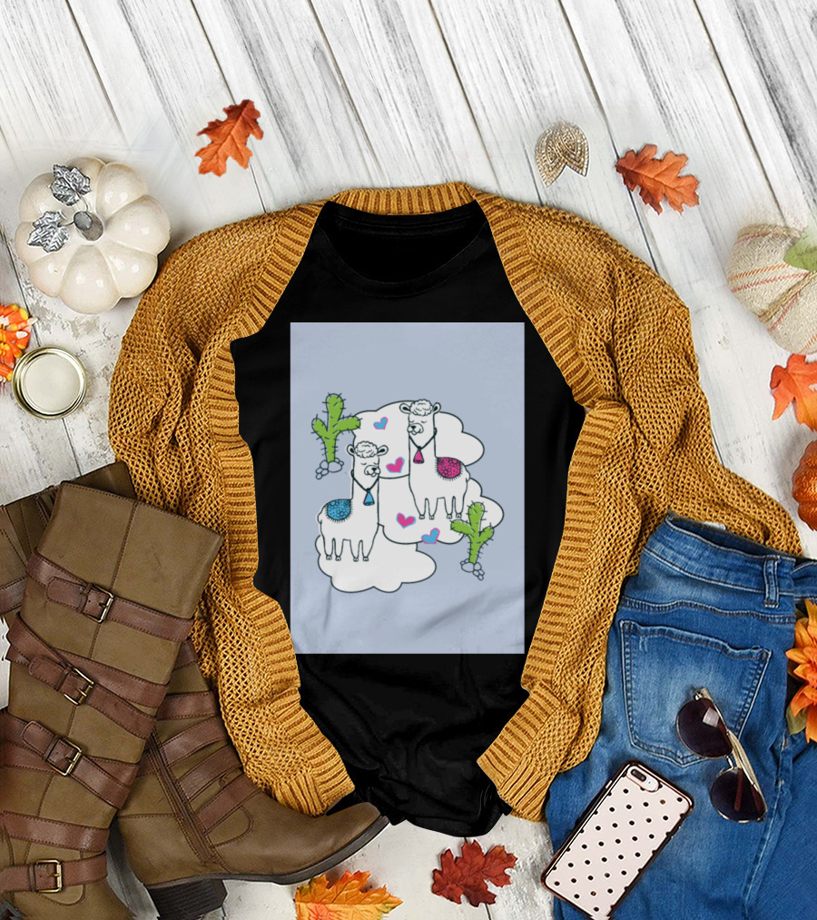 Llamas In Love Blue Hearts and Cacti Scene T-Shirt