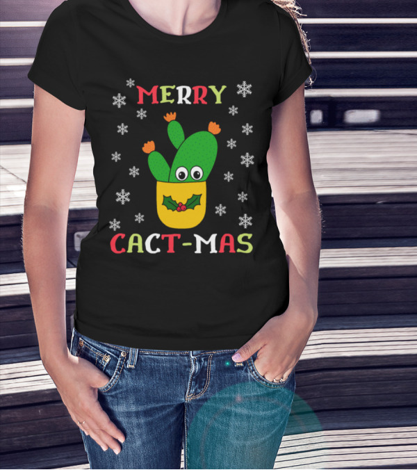 Merry Cact-Mas Opuntia Microdasys Cactus With Holly And Snowflakes T-Shirt