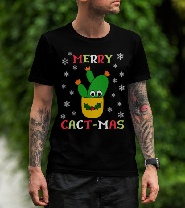 Merry Cact-Mas Opuntia Microdasys Cactus With Holly And Snowflakes T-Shirt