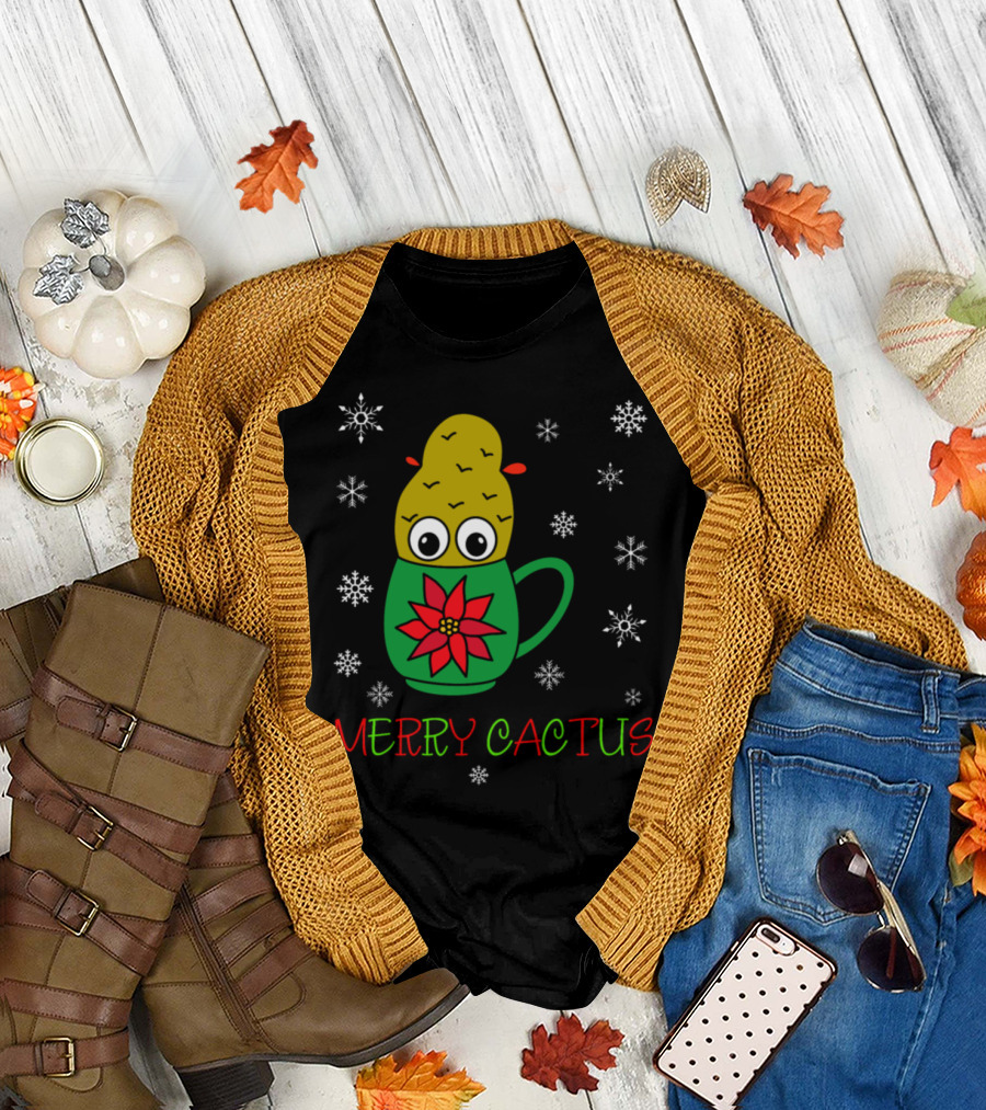 Merry Cactus Christmas Cactus Mug with Snowflakes T-Shirt