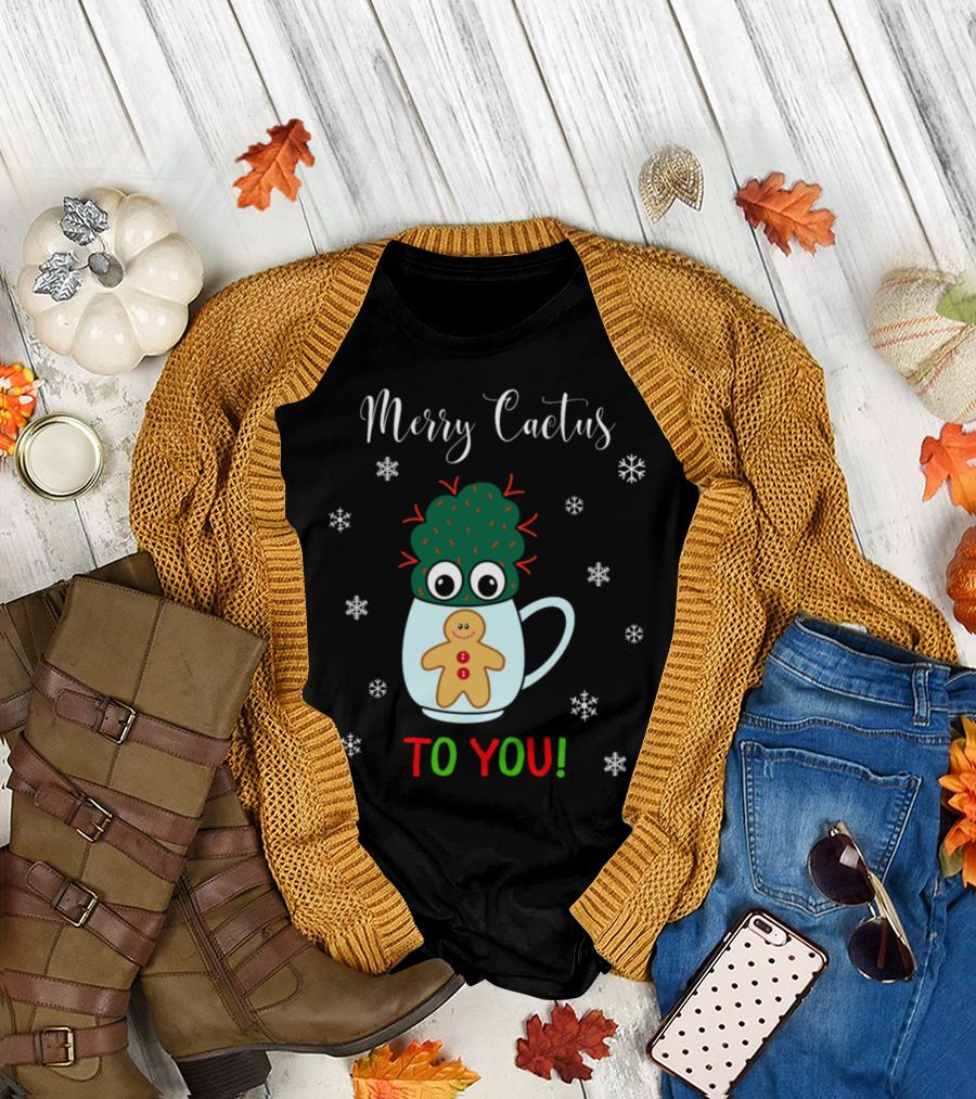Merry Cactus To You Small Cactus In Mug With Gingerbread and Snowflakes T-Shirt