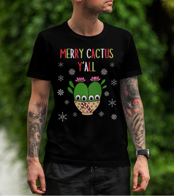 Merry Cactus Y'all Cacti Couple Candy Cane Snowflakes T-Shirt