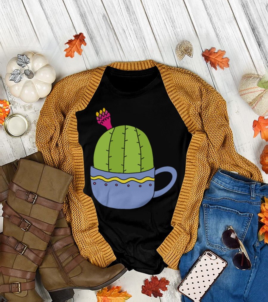 Mini Cactus with Pink and Yellow Flower in Decorative Blue Cup T-Shirt
