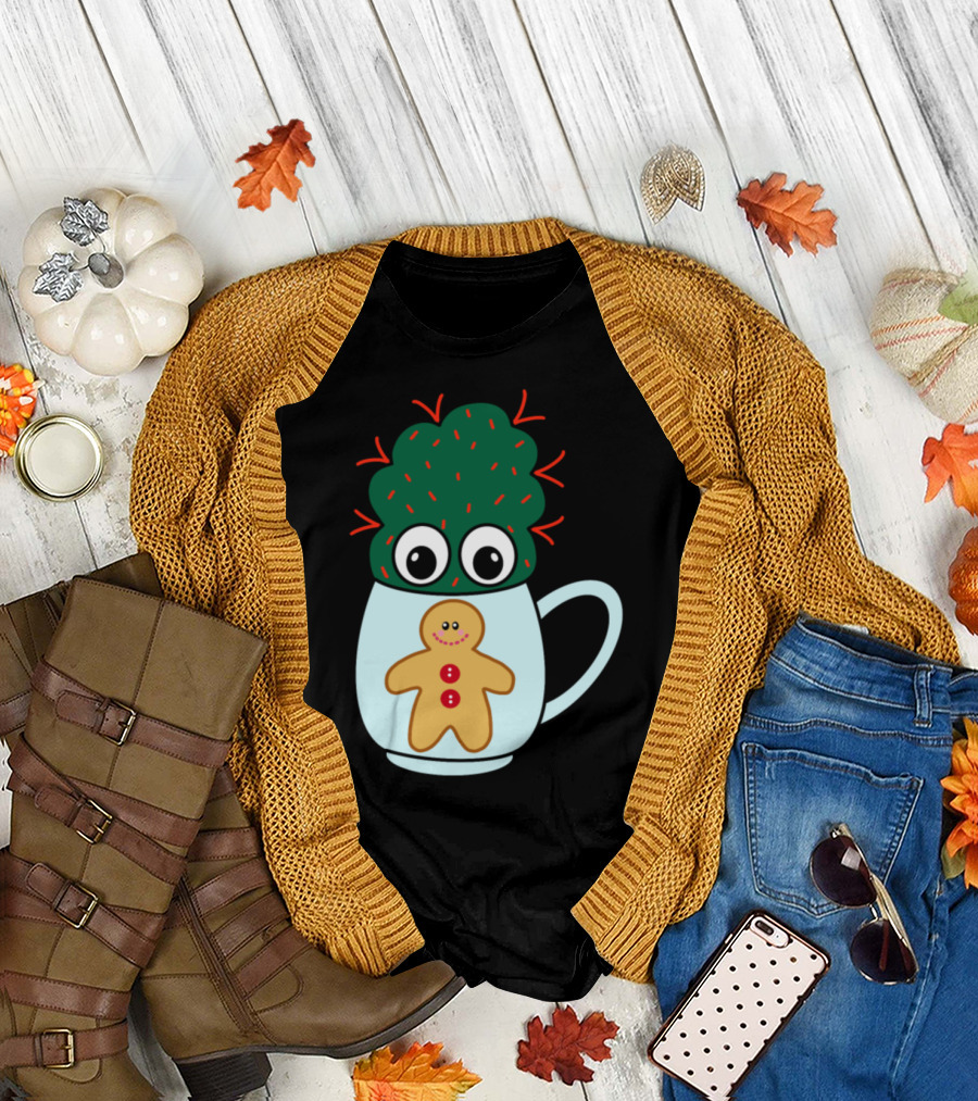 Mini Cactus With Red Spikes In Cute Gingerbread Mug With Big Eyes T-Shirt