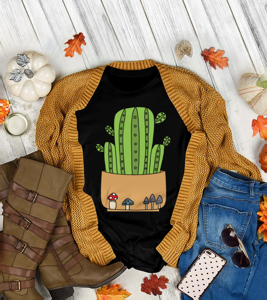 Mushroom For Cacti Potted Green Cactus with Colorful Mushrooms T-Shirt