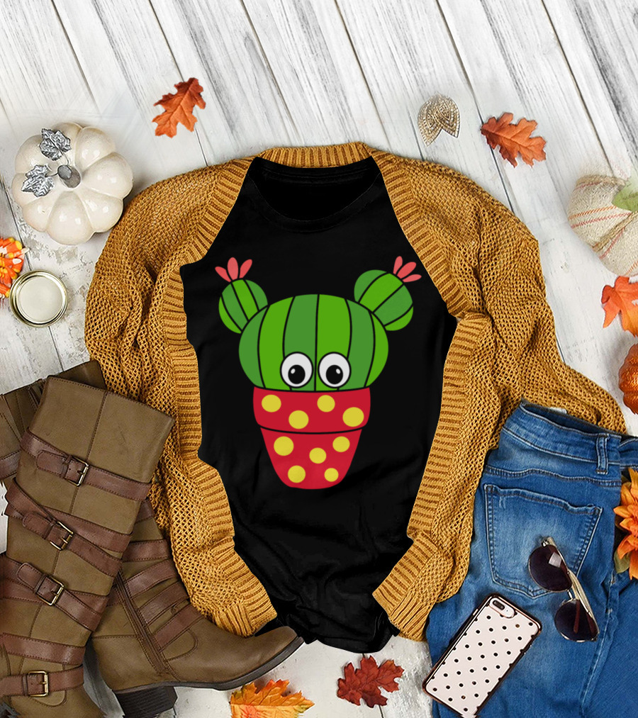 Nice Cactus with Big Eyes in Red Polka Dot Pot T-Shirt