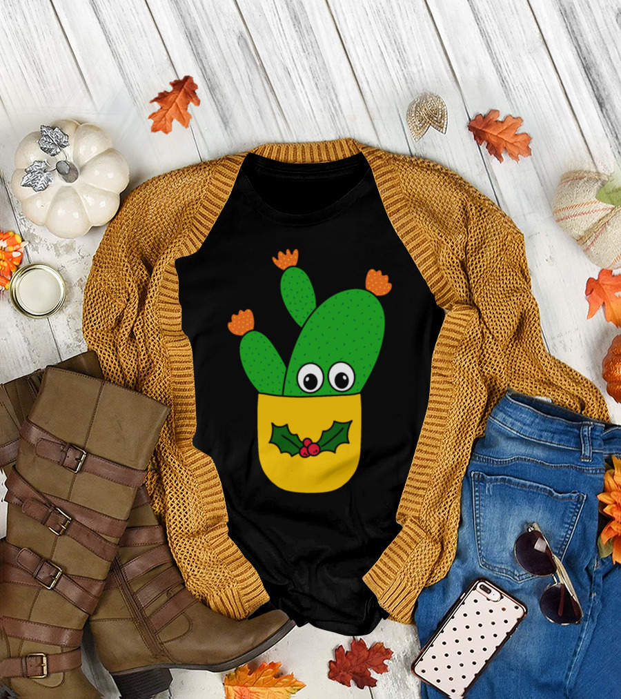 Opuntia Microdasys Cactus with Christmas Holly in Pot T-Shirt