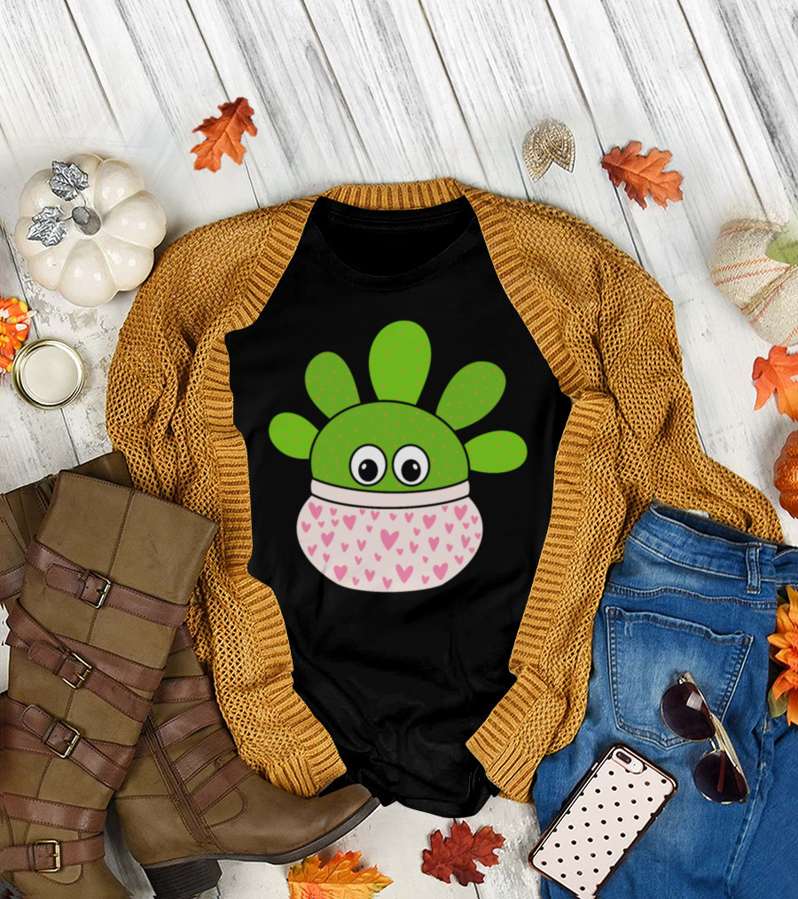 Opuntia Microdasys Cactus with Cute Heart Pot and Adorable Eyes T-Shirt