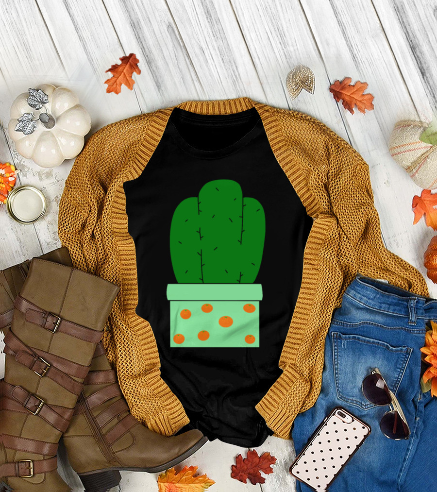 Orange Dotted Pot Green Cactus T-Shirt