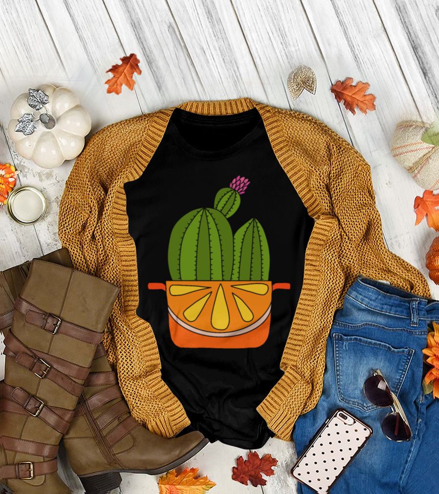 Orange Cactus in Flowering Citrus Pot T-Shirt