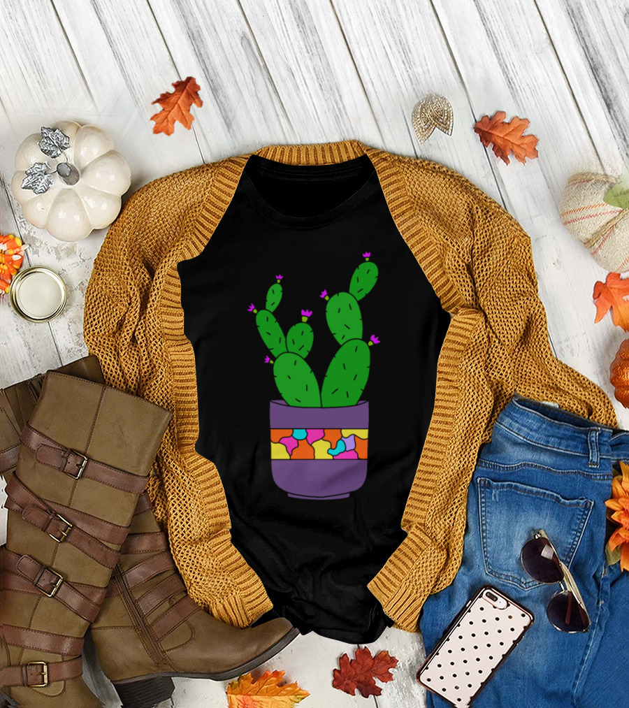 Pretty Cacti Bunch in Colorful Lovely Pot with Vibrant Flowers T-Shirt