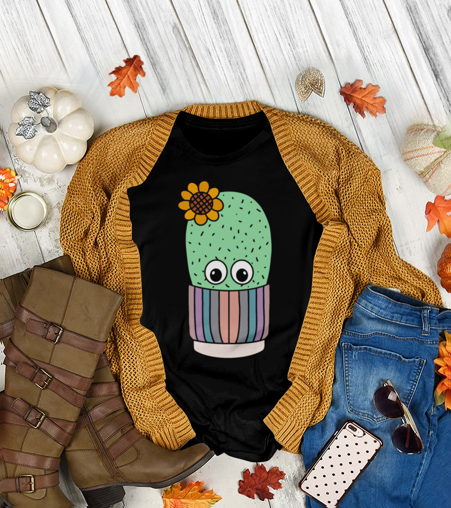 Cute Cactus with Flower in Colorful Striped Pot T-Shirt