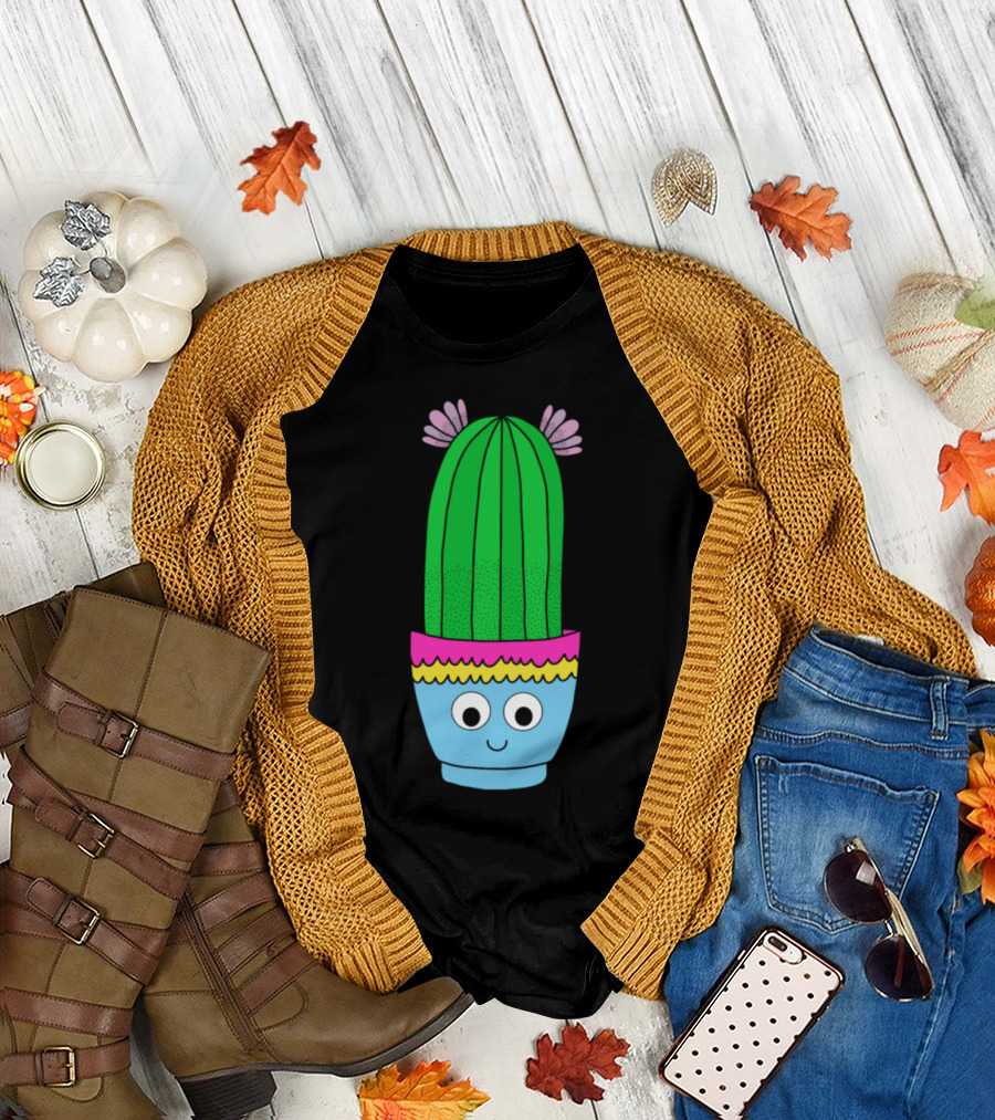 Pretty Prickly Pear Cactus Cute Pot with Big Eyes and Flowers T-Shirt