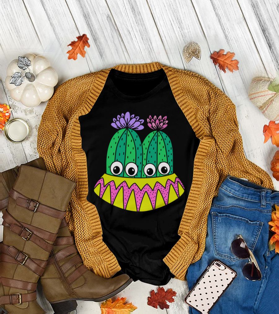 Pretty Potted Cactus With Flowers and Wide-Eyed Cartoon Faces T-Shirt