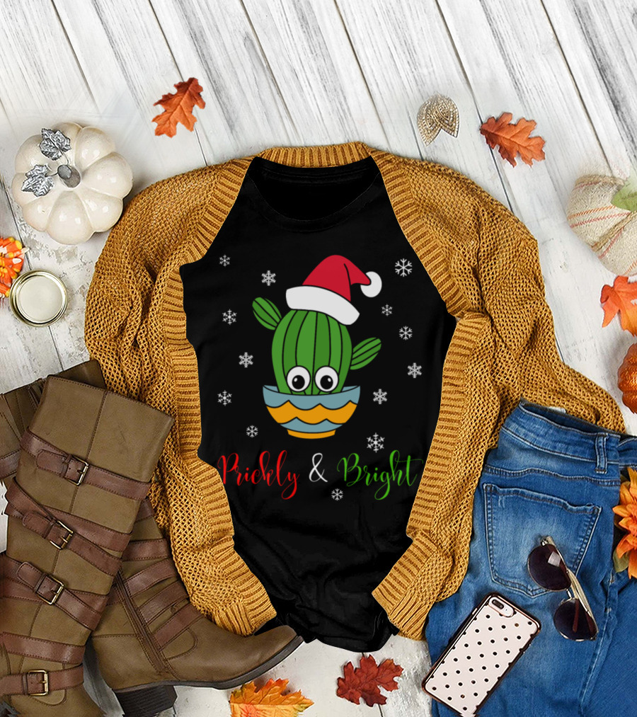 Prickly And Bright Cactus With A Santa Hat In Snowflakes T-Shirt