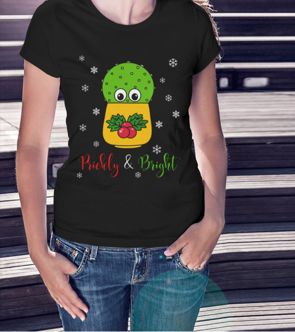 Prickly And Bright Cute Cactus With Snowflakes And Holiday Berries T-Shirt