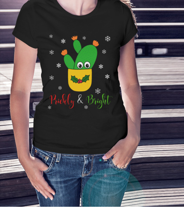 Prickly And Bright Opuntia Microdasys Cactus With Snowflakes And Holly T-Shirt