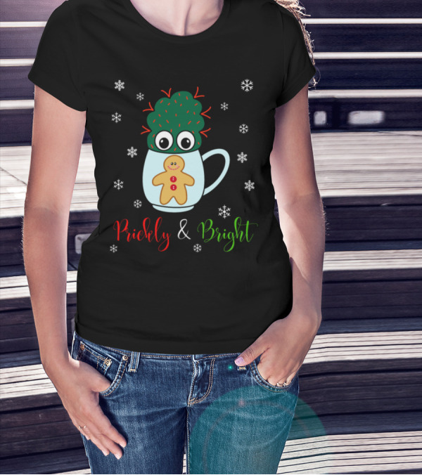 Prickly And Bright Small Cactus With Red Gingerbread Mug And Snowflakes T-Shirt