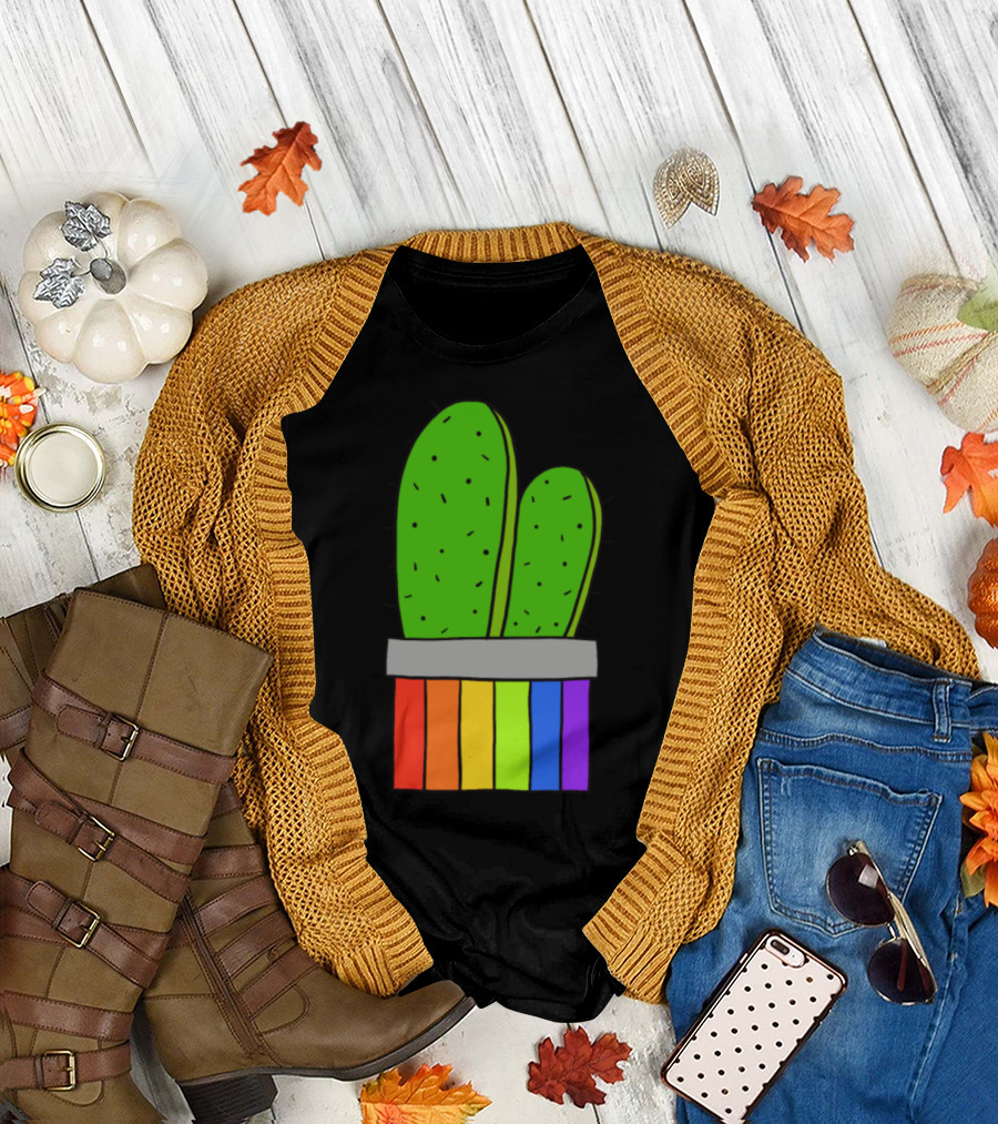 Rainbow Pot Cacti Green Illustration with Colorful Stripes T-Shirt