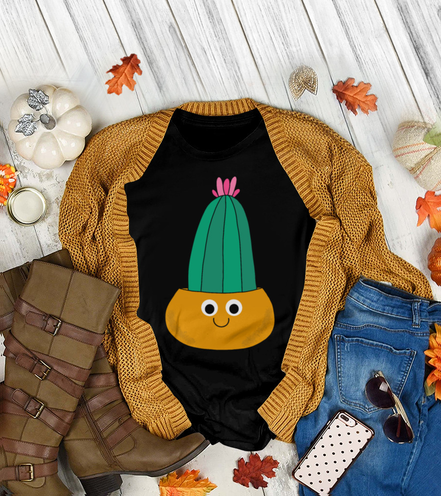 Slightly Blushing Cactus Pot Happy Face in Orange Planter with Pink Blossom T-Shirt