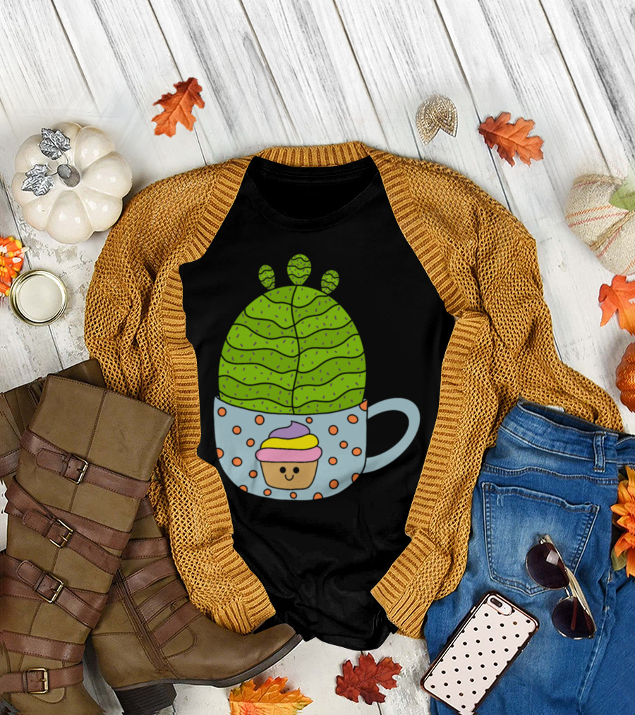 Small Barrel Cactus in Cute Cupcake Mug with Smiling Cupcake Decor T-Shirt