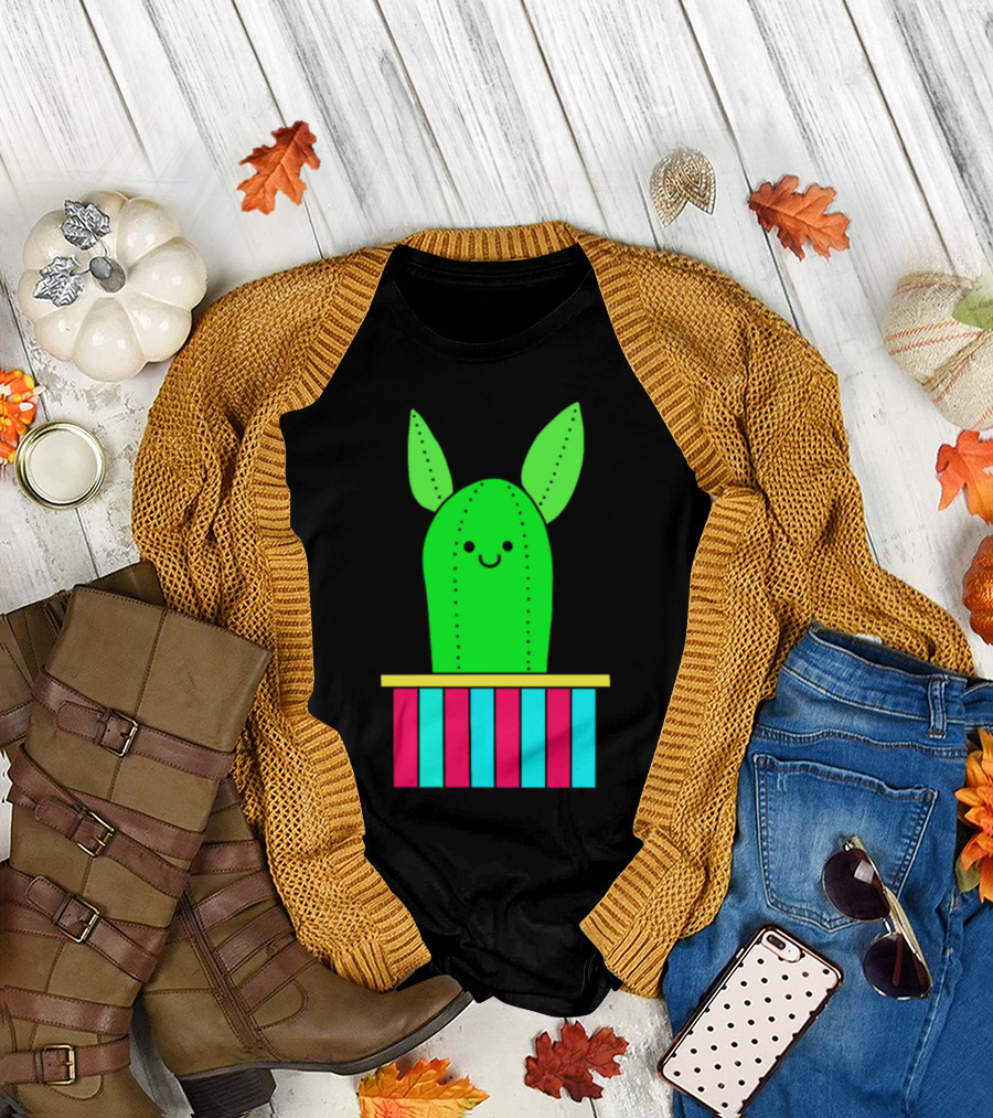 Smiling Cactus with Pointy Ears in Striped Pot T-Shirt