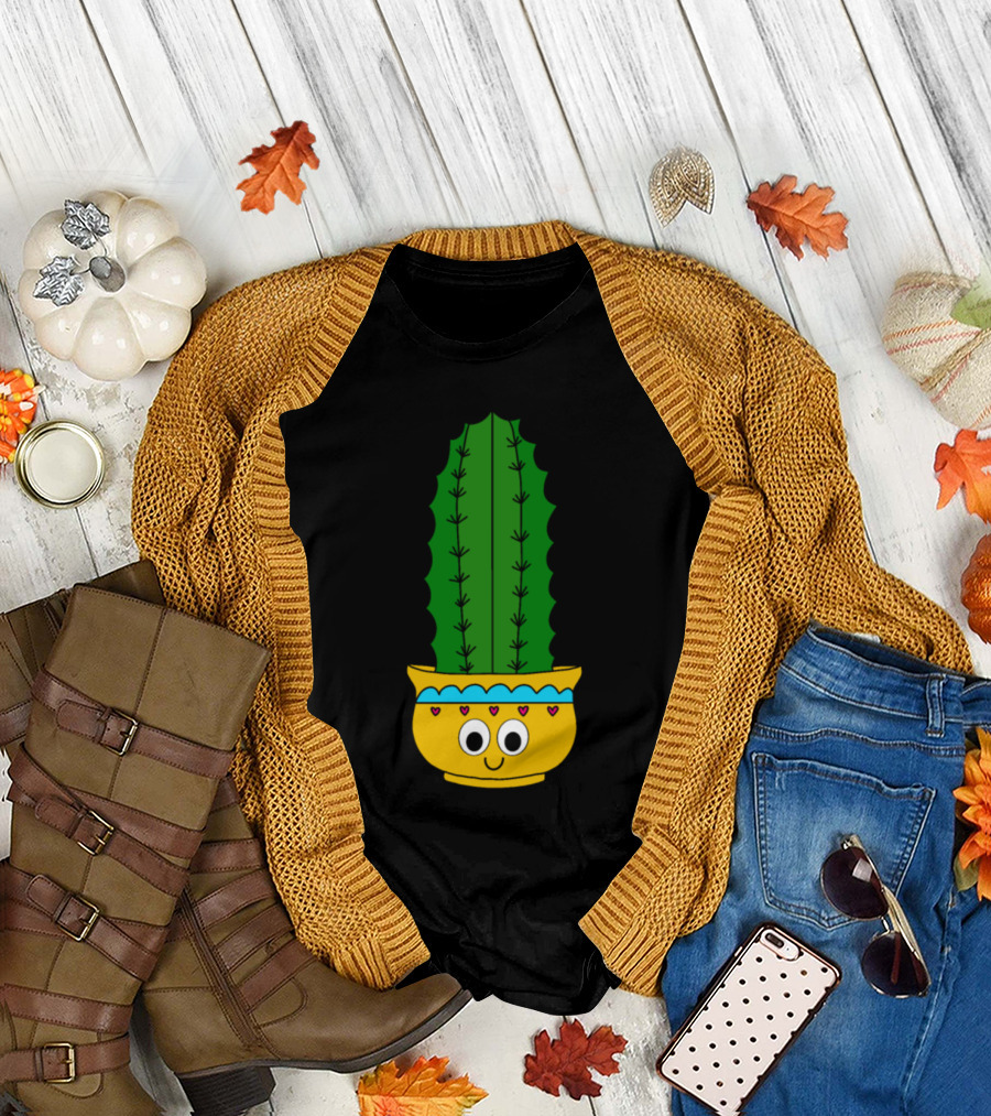 Spiky Cactus in Happy Heart-Eyed Pot T-Shirt