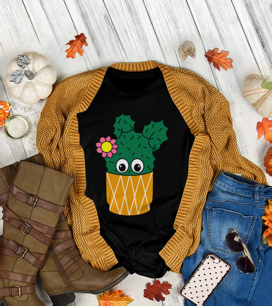 Spiky Cactus With Cute Flower Eyes in Patterned Pot T-Shirt