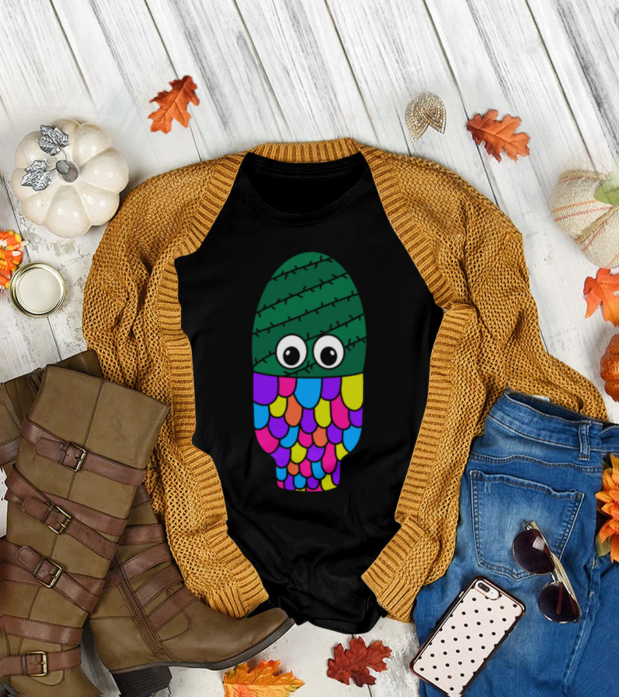 Spiral Cactus with Big Eyes in Vibrant Scales Pot T-Shirt