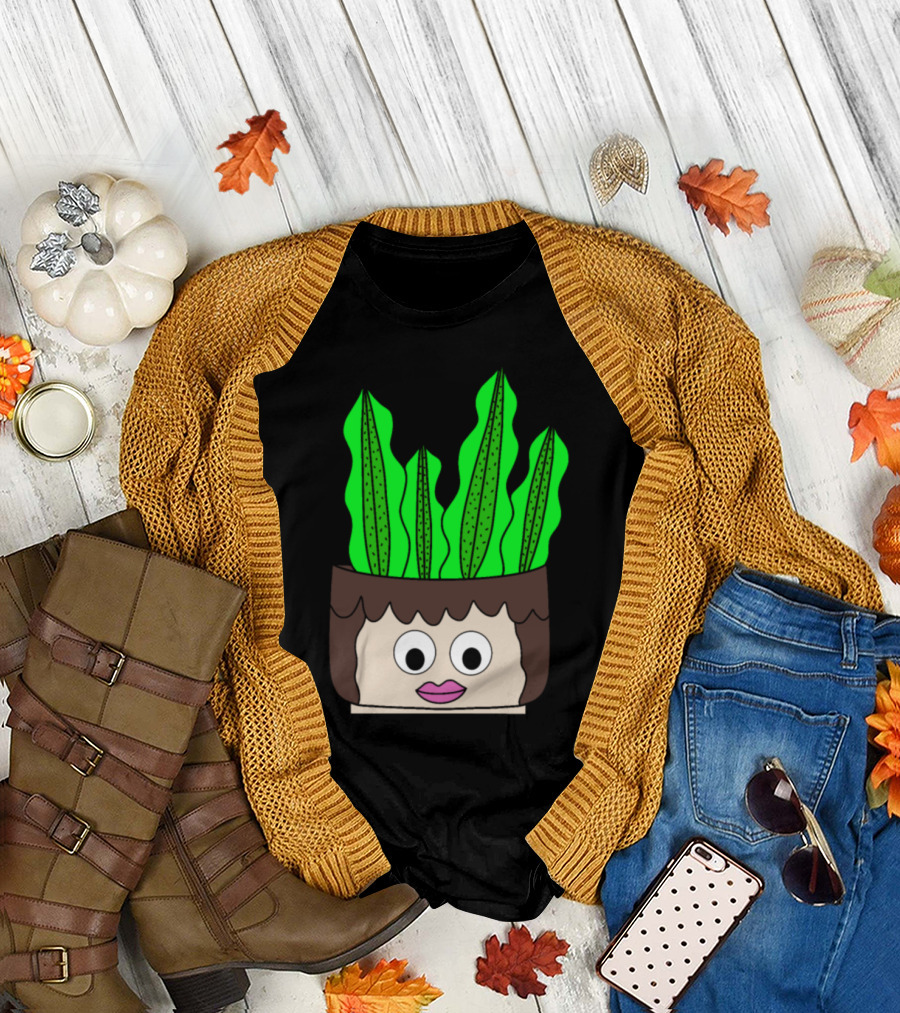 Succulent Face Planter with Green Leaves in Cute Girl Pot T-Shirt