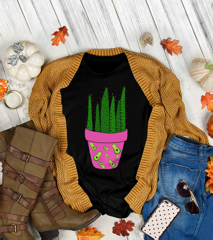 Succulents in Pink Avocado Patterned Pot T-Shirt