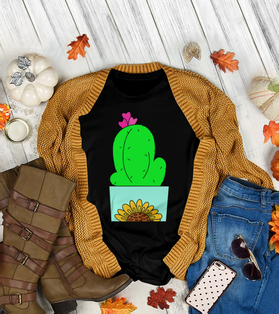 Sunflower Cactus Pot with Pink Hearts T-Shirt