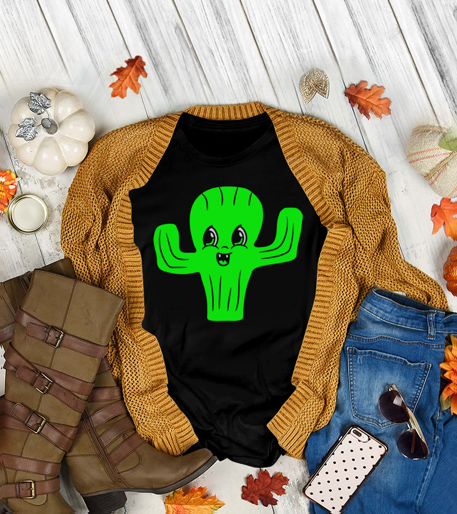 Sweet Cute Little Comic Cartoon Cactus Face T-Shirt