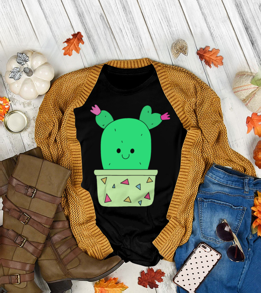 Young Happy Cactus in Colorful Geometric Pot with Smiling Face T-Shirt