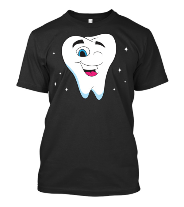 Dentist Bright White Tooth Winking Smiling Cartoon Sparkles T-Shirt