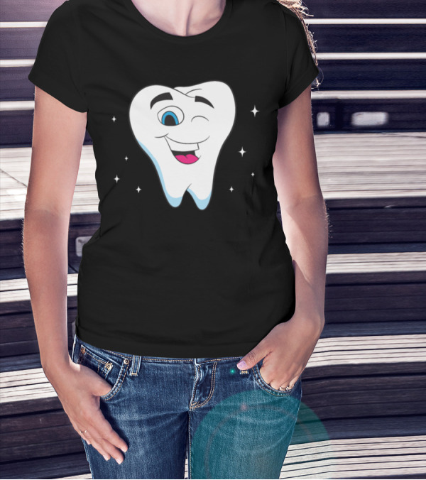 Dentist Bright White Tooth Winking Smiling Cartoon Sparkles T-Shirt