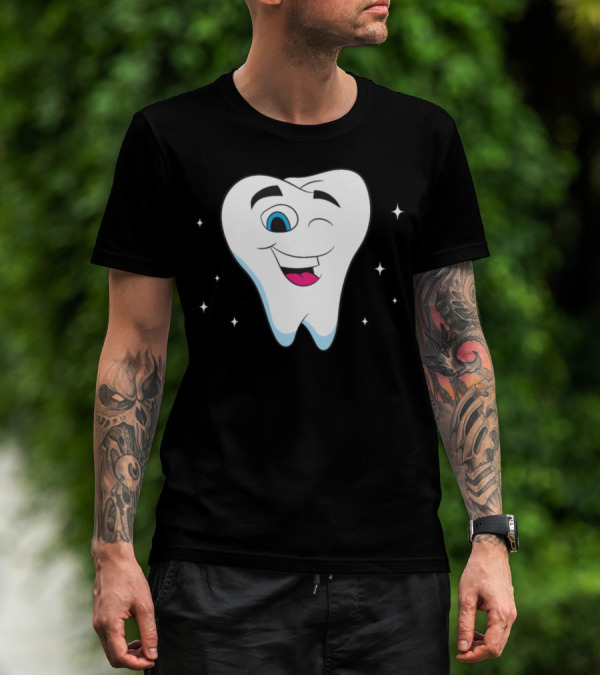 Dentist Bright White Tooth Winking Smiling Cartoon Sparkles T-Shirt