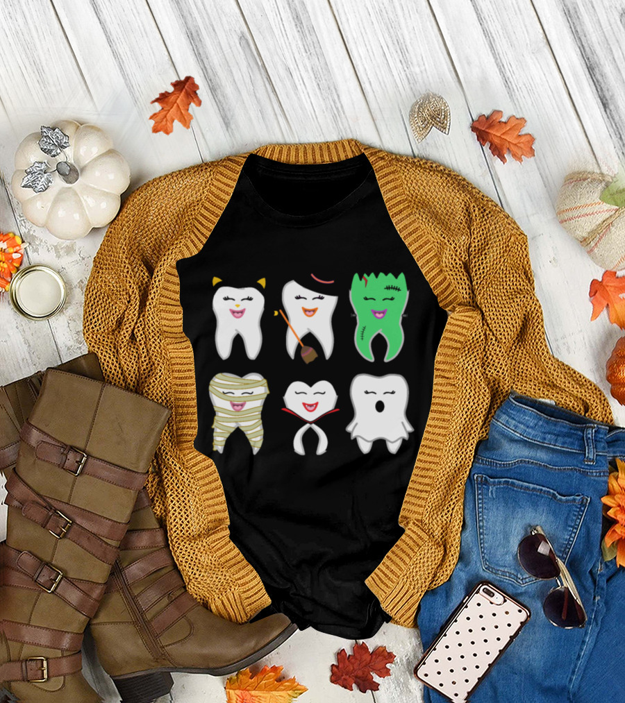 Halloween Tooth Cat Witch Frankenstein Mummy Vampire Ghost T-Shirt