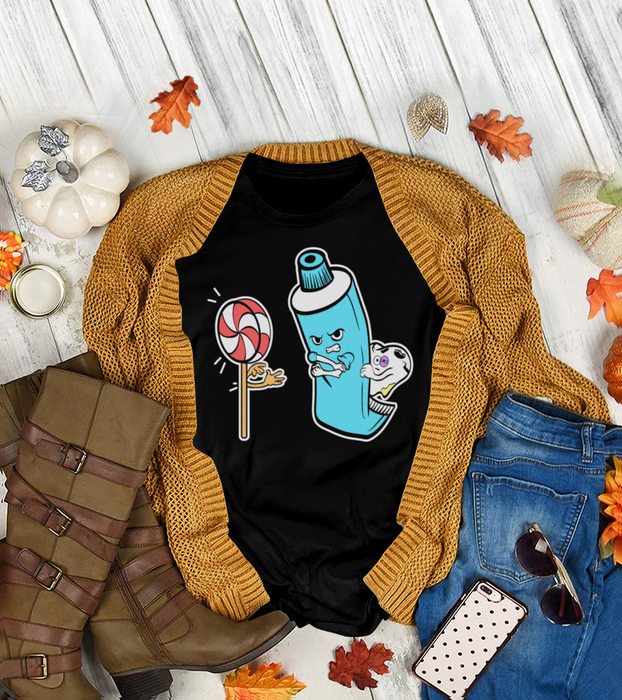 Toothpaste and Tooth Facing Off Against Lollipop in Nice Dentistry T-Shirt
