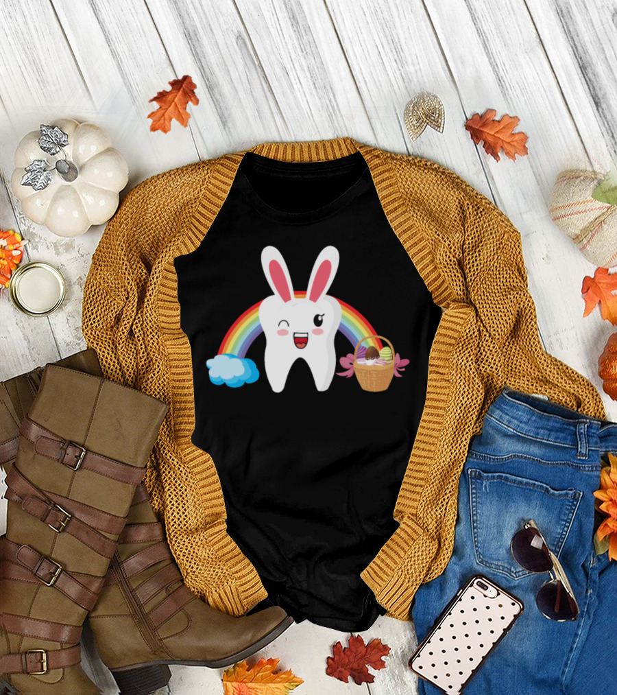 Tooth Dentist Bunny Ears Rainbow Eggs Easter Day T-Shirt