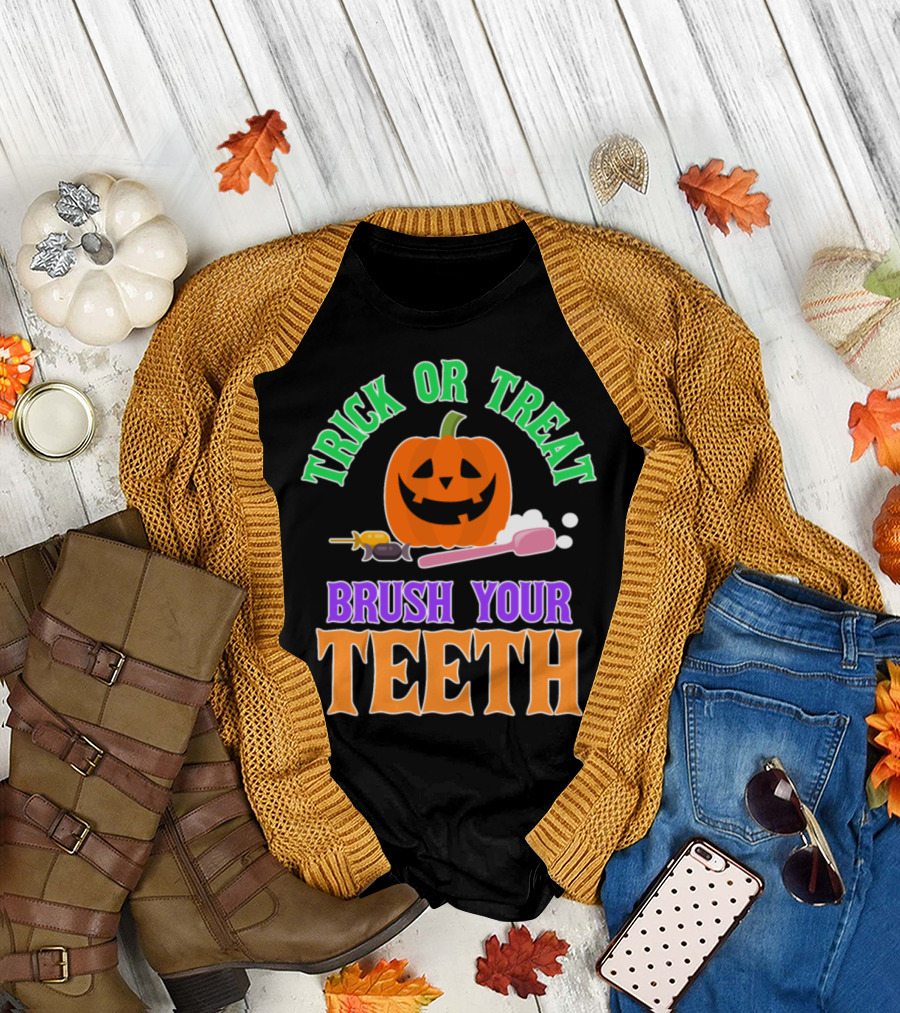 Trick or Treat Brush Your Teeth Pumpkin Toothbrush Candy T-Shirt