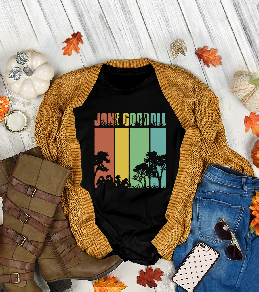 Jane Goodall Men's Cotton Navy Crew Neck Top with Colorful Tree Stripes T-Shirt